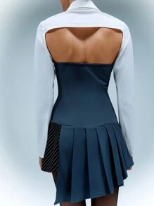 SHEIN Unity 正面纽扣条纹拼接不对称褶饰芭铎式连衣裙 - 灰色 - 查看 2