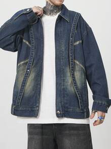 Manfinity EMRG 男士长袖翻领简约牛仔夹克，休闲日常穿着 - 藍色 - 查看 6