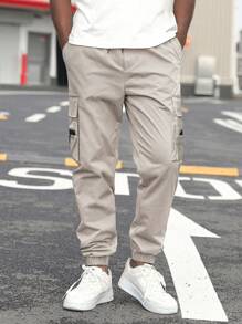 Manfinity Homme 男士休闲纯色抽绳工装裤，返校服装 - 淺灰色 - 查看 6