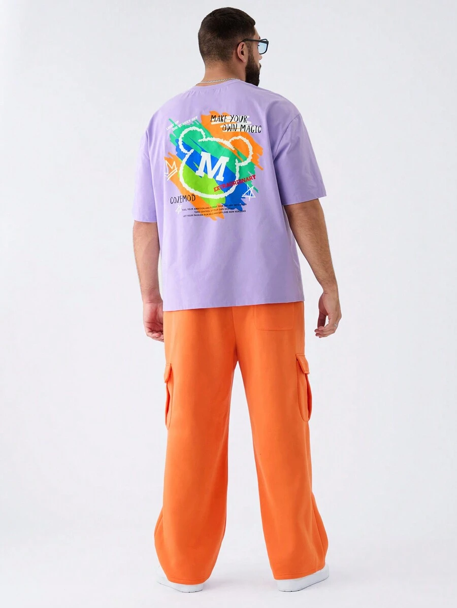 Manfinity VCAY Extra Plus Size Men's Casual Loose Knit Bear Print Short Sleeve T-Shirt, Suitable For Summer Daily Wear - Purple - View 1