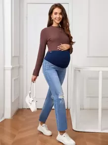 SHEIN Adjustable Waist Distressed Straight Leg Maternity Jeans - Medium Wash - View 1