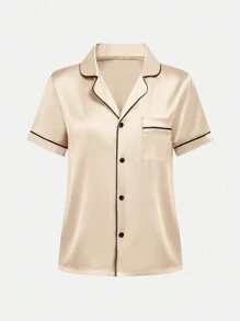 2 件套青少年女孩休闲优雅缎面短袖衬衫和裤子 - 杏色 - 查看 10