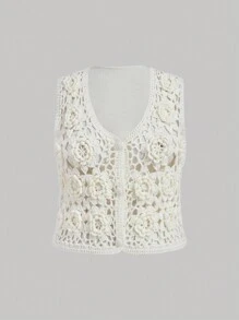 SHEIN MOD Große Größen weiße 3D gestrickte Weste mit Blumenmuster, im Vintage Stil, für den Herbst - Weiss - Übersicht 1
