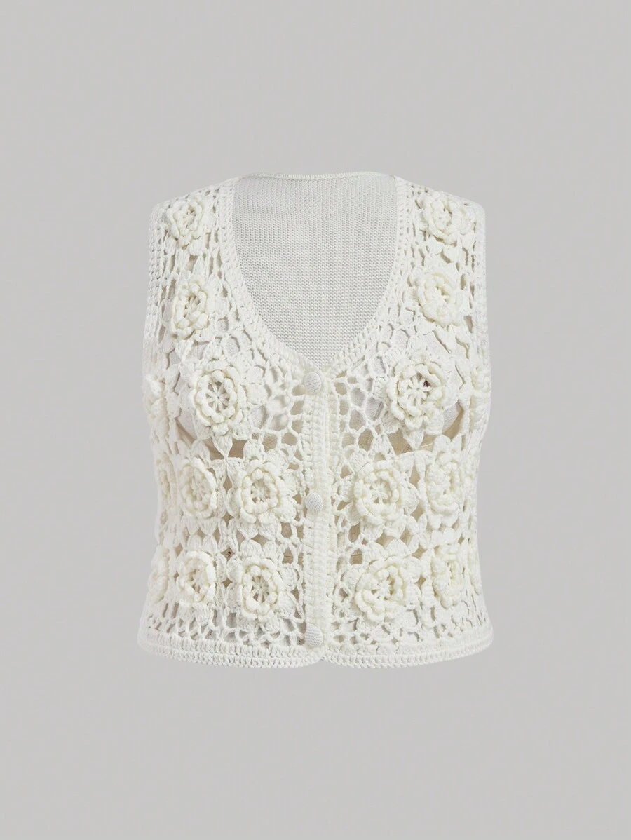 SHEIN MOD Plus Size White Floral 3D Knitted Vest, Vintage Style, Fall - White - View 1