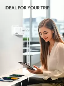 JMMO Adaptador de enchufe internacional GaN de 65W, adaptador de viaje universal con 3 puertos USB que incluyen 2 puertos USB-C y 1 puerto USB-A, compatible en talla grande de 150 países con EE. UU., Reino Unido, UE y AU - Blanco - Ver 5