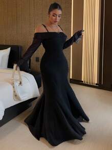 Flirla 加大码圆领细肩带罗纹连衣裙，黑色超长女装