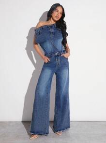 Denimoi Stacked Wide Leg Denim Jumpsuit - Dark Wash - View 6