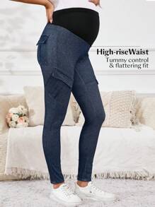 SHEIN Adjustable Waist Maternity Tight-Fit Casual Denim Pants With Pockets,Stretchy Knit Jeans - Medium Wash - View 3
