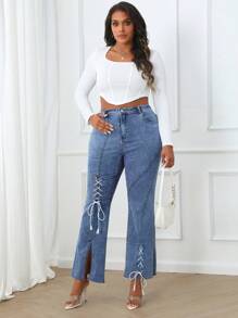 SHEIN Essnce Damen Große Größen Jeans mit Tasche, Auge-Band-Details und ausgestelltem Bein - Mittele Waschung - Übersicht 4