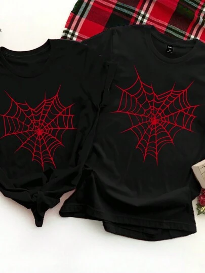 Manfinity Homme Camiseta negra informal unisex con estampado de telarañas y corazones para el Día de San Valentín, gran regalo para el novio