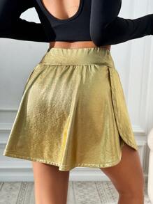 SHEIN Essnce 女士秋冬休闲金色纯色亮面运动休闲高腰半身裙，带侧袋 - 金色 - 查看 4