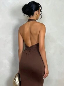 Glamine 后扭式挂脖中长连衣裙，女士性感露背无袖挂脖修身长款棕色纯色修身女式长裙，春夏，派对/夜总会服装超长女装 - 棕色 - 查看 2