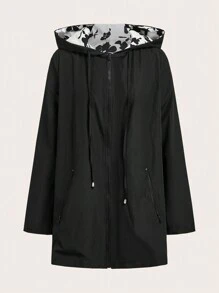 SHEIN Clasi Women's Reversible Windbreaker Jacket, Black & White Floral Print On One Side, Solid Color On The Other Side, Autumn/Winter  Fall Outfits Essentials Hoodie