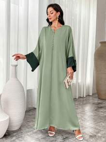 Al Najma Đầm Maxi Ả Rập Tay Loe Màu Tương Phản Cổ Chữ V Cho Nữ, Đầm Dài Tay Phong Cách Thanh Lịch, Trang Trọng, Che Phủ Toàn Bộ, Thích Hợp Cho Các Bữa Tiệc Thường Ngày/Ngày Lễ/Buổi Tối/Khách Dự Tiệc Cưới - màu xanh lá - Xem 5