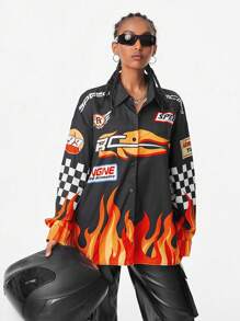 SHEIN EZwear Coolane Blokecore Fashion  Flame Plaid & Letter Print Loose Fit Long Sleeve Shirt For Streetwear - Black - View 4