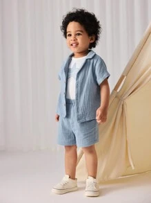 Cozy Pixies 嬰兒男童星型紋織針織軟短袖上衣和休閑短褲套裝，搭配翻領針織外套 - 藍色 - 查看 13