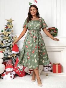 SHEIN LUNE Plus Size Feminino Verão Neve Floral Estampa Gola Quadrada Manga Curta Maxi Vestido Casual - Verde - Ver 3