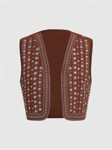 Aveloria Rosie Women's Random Floral Print Open Front Short Waistcoat Jacket For Spring And Autumn - Brown - View 1