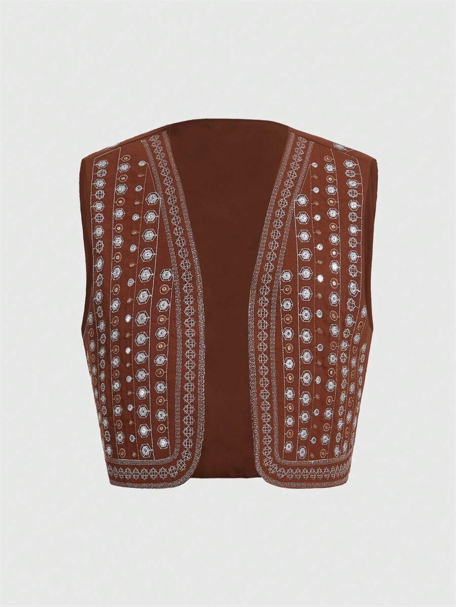 Aveloria Rosie Women's Random Floral Print Open Front Short Waistcoat Jacket For Spring And Autumn - Brown - View 1