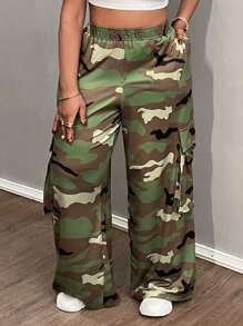 Slaydiva Plus Size Summer Casual Sports Simple Street Cargo Three-Dimensional Pocket Camouflage Wide-Leg Pants Women's Pants