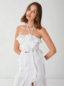 Enchnt Top informal sin mangas con decoración floral 3D, ribete con volantes y lazo en el cuello para mujer - Blanco - Ver 3