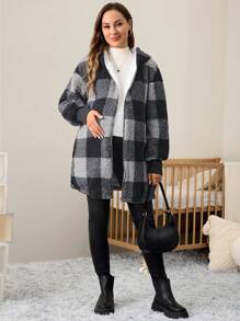 SHEIN Maternity Buffalo Plaid Pattern Drop Shoulder Hooded Teddy, Hooded Teddy Coat, For Winter - Black and White - View 3