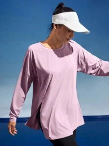 In My Nature Women's Round Neck Long Sleeve Printed Casual Outdoor T-Shirt With Slit Plain T Shirt Hiking Women Clothes - Pink - View 8