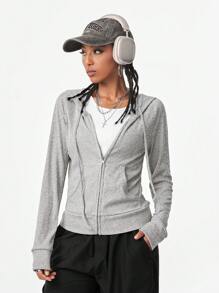 Muchica 女士秋季街头休闲微绒舒适紧身长袖连帽拉链运动衫 - 灰色 - 查看 5