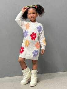 SHEIN Young Girl Multi-Color Floral Knitted Sweater Dress, Sweater Dress For Girls, Flower Sweater Girls, Young Girls Floral Print, Young Girls Flower Dress Autumn Fall - Multicolor - View 7