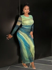 Slaydiva Váy xếp ly nhuộm loang cỡ lớn cho nữ mùa thu - Nhiều màu - Xem 5