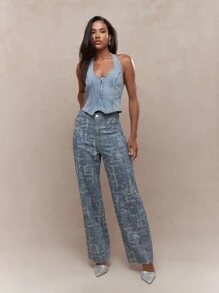 MISSGUIDED Zip Closure Scoop Halter Neck Backless Denim Vest Top - Blue - View 5