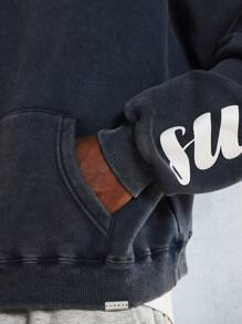 SUMWON Classic Washed Effect Hoodie Sweatshirt With Sleeve Logo Print Drawstring Kangaroo Pocket Winter Fall Streetwear Casual Loungewear Workout - Navy Blue - View 4