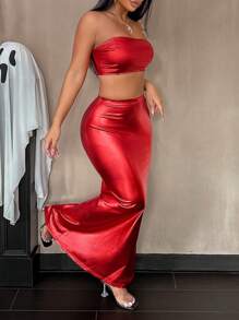 Zolique Halloween Women's Strapless Top Long Fishtail Skirt Red Party Two-Piece Set - Red - View 1