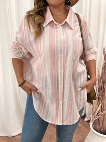 SHEIN VCAY 大码条纹印花长袖休闲衬衫 - 粉色 - 查看 7