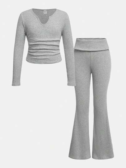 SHEIN Girlism Set de 2 bucăți pentru fete Tween, ocazional, simplu, confortabil, moale, cu mânecă lungă și pantaloni