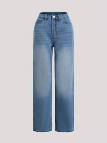 Women's Belted Waist Button Pocket Loose Wide Leg Simple Slimming Straight Leg Jeans - Light Wash - View 3