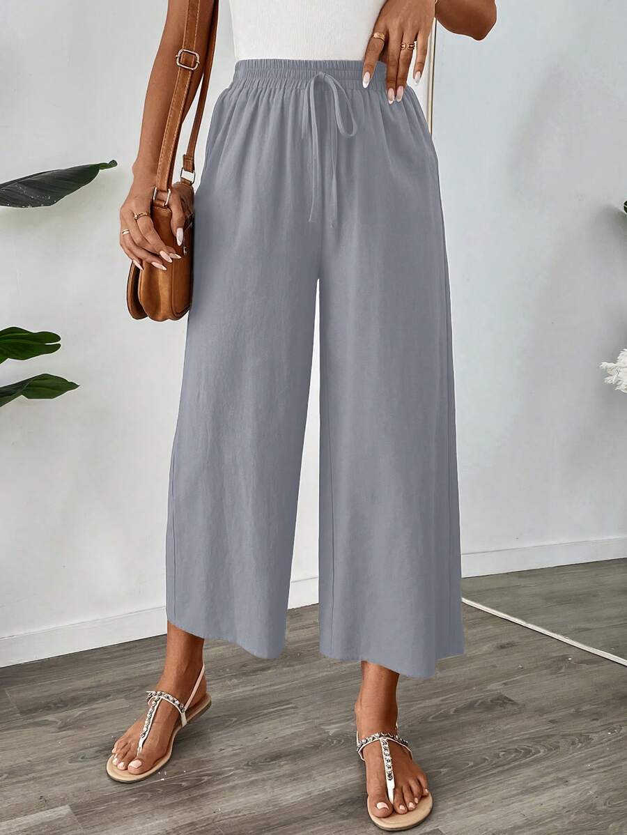 SHEIN LUNE Women's Casual Linen 7/8 Pants Suitable For School/Work, Autumn - Grey - View 1