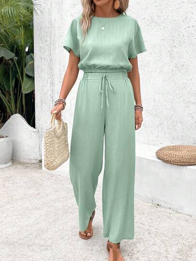 SHEIN Frenchy Women's Pants Set Loose Texture Solid Color Casual Two Pieces Suit Earthy Clothes Summer Green Christmas
