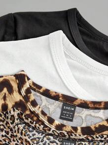 SHEIN EZwear 4 Áo thun nữ cổ tròn tay ngắn họa tiết động vật, dáng ôm vừa vặn cho mùa hè - Đen và trắng - Xem 9