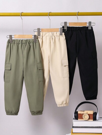 SHEIN Playful Pals 3pcs Young Boys' Casual Cargo Pocket Tapered Pants, Comfortable & Breathable, Suitable For Outings, Street Wear, Autumn Chic Outfits For Autumn/Winter