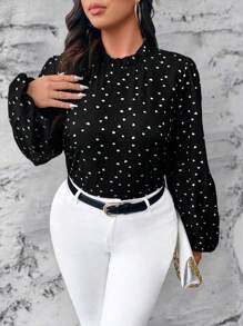 SHEIN Clasi Blusa de manga larga con estampado de corazones para mujer talla grande - Negro - Ver 5