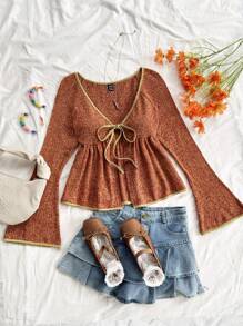 Soleia WYWH 女士度假 V 领喇叭袖罩衫，拼色 V 领前系带蝴蝶结衬衫 - 彩色 - 查看 6