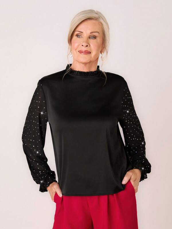 SHEIN LUNE Women's Stand Collar Long Sleeve Solid Color Patchwork Casual Shirt