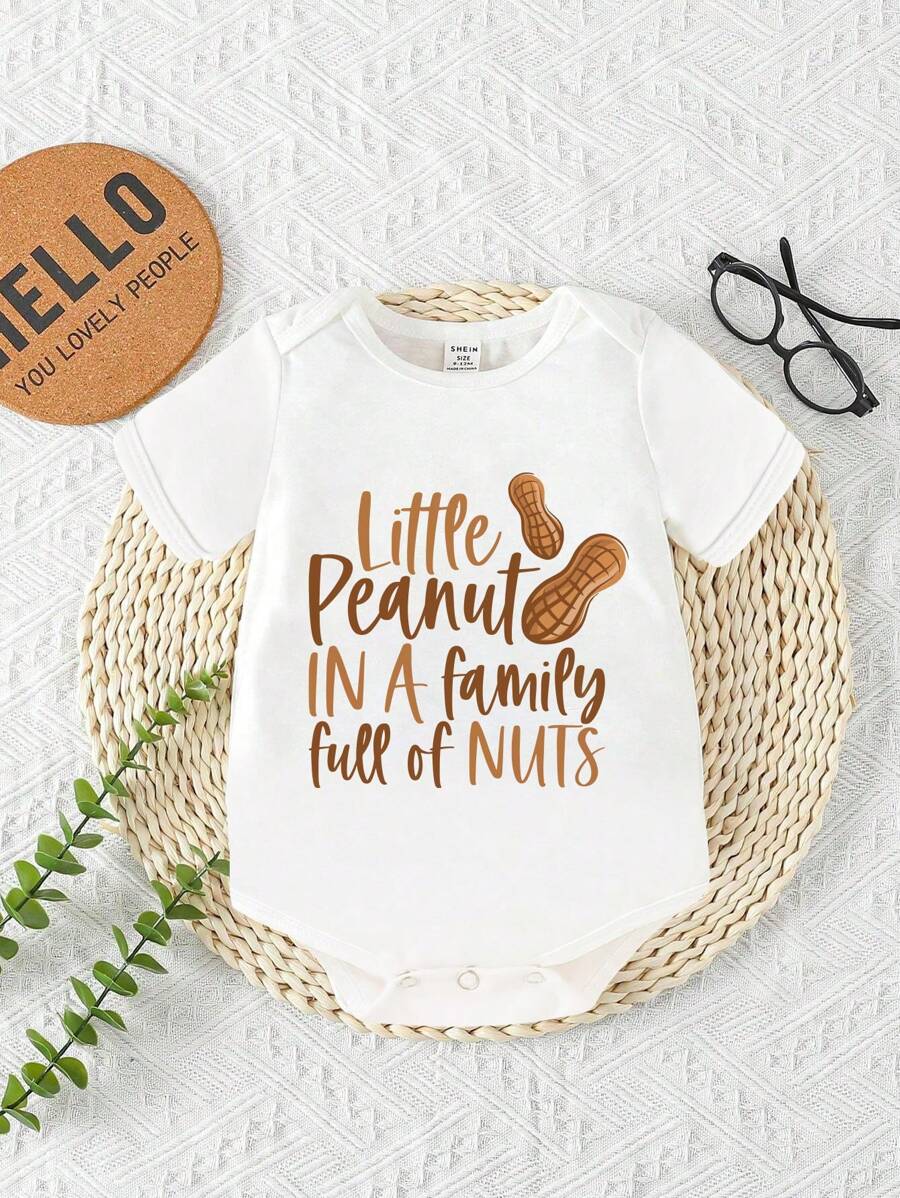 SHEIN Playful Pals Baby Boy Casual Stylish Cartoon Peanuts Ombre Foil Print Creative Funny Slogan Letter Decoration Short Sleeve Bodysuit - White - View 1