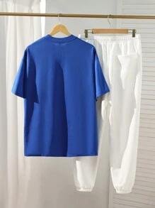 Manfinity VCAY 2 件装男士针织时尚休闲宽松短袖 T 恤松紧腰直筒裤套装 - 藍色 - 查看 2