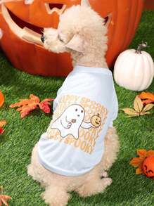 Dudeline Artist Cute Kawaii Pumpkin & Ghost Print White Pet T-Shirt For Halloween, Holiday