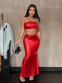 Zolique Halloween Women's Strapless Top Long Fishtail Skirt Red Party Two-Piece Set - Red - View 7
