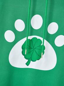 女士新款时尚休闲鼠耳熊掌四叶草连帽衫，绿色幸运四叶草图案，日常家庭装（妈妈和我的 3 件套单独出售） - 綠色 - 查看 7