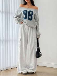 SHEIN Unity Áo nỉ chui đầu dáng rộng phong cách đường phố Mỹ, vai lệch, thích hợp cho mùa thu. - Xám - Xem 6