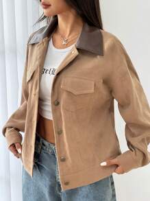 Flirla Áo khoác nữ Colorblock vai trễ vai dài tay cổ PU, mùa xuân thu - Màu Khaki - Xem 4